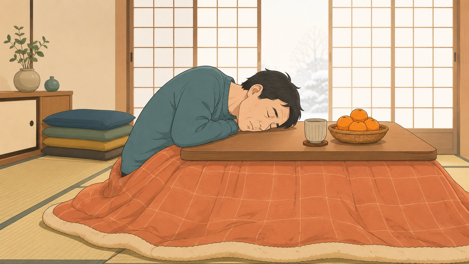 こたつの天板にうつ伏せになって眠り、首が曲がっている男性のイラスト